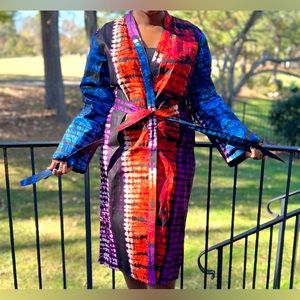 African Print Ankara Multicolor Tie Dye Belted Midi Cotton Handmade Blazer